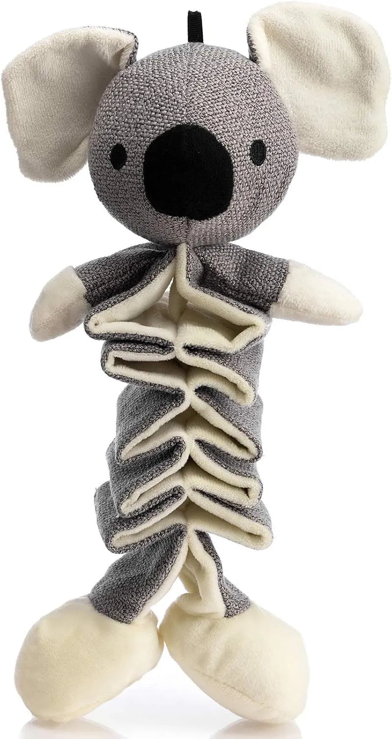 Grey koala stuffed dog toy measuring 30cm long with plush limbs and durable cloth body.