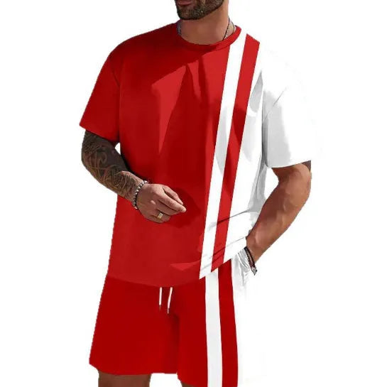 Men's loose fit short-sleeved polyester T-shirt and matching shorts set in a light colour.