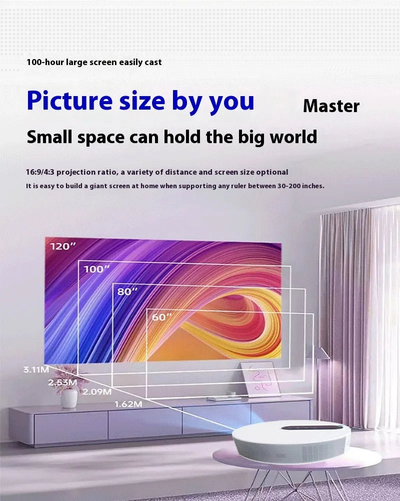 White HD home projector with remote control on a table.
