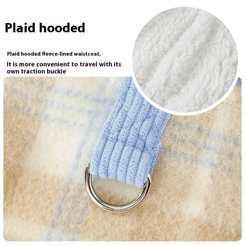 Blue corduroy dog vest with chessboard grid pattern and a hooded traction design.