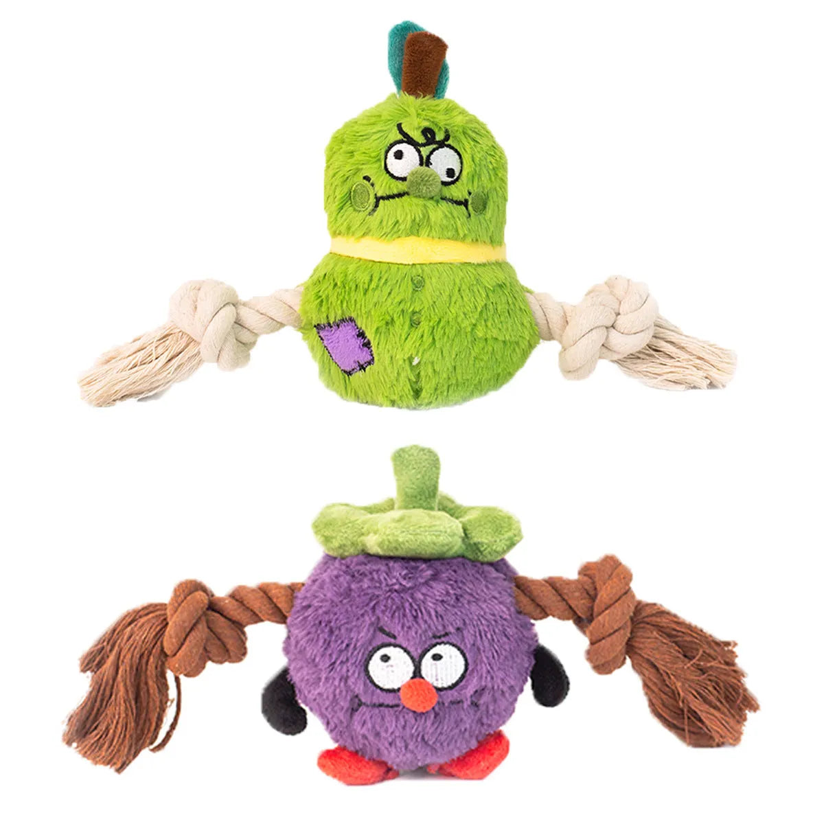 Interactive plush rope knot dog toy in green or purple for tug of war and teeth cleaning