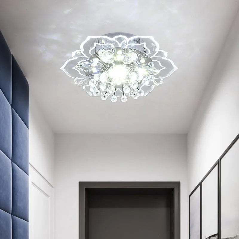 Small modern crystal ceiling lamp with flower-shaped shade and LED light for rooms up to 10 square metres