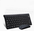 Black wireless keyboard and mouse set with 78 keys and 4 buttons on wooden desk