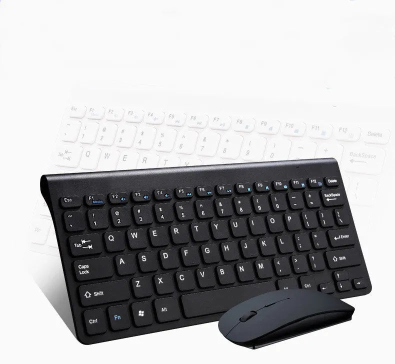 Black wireless keyboard and mouse set with 78 keys and 4 buttons on wooden desk
