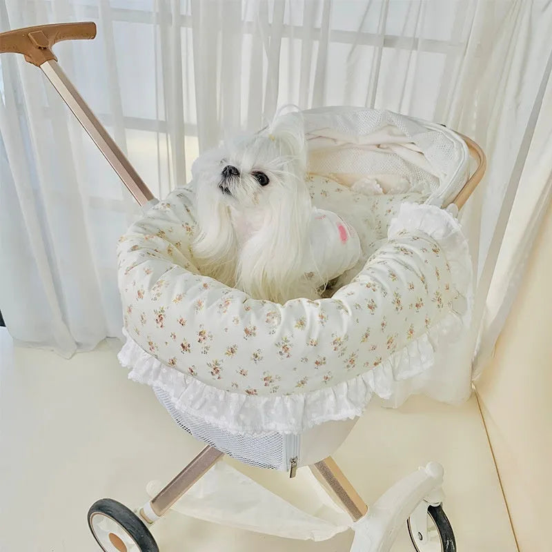 Pet stroller accessory set showing cotton towel, cushion and pillow in blue green apple colour