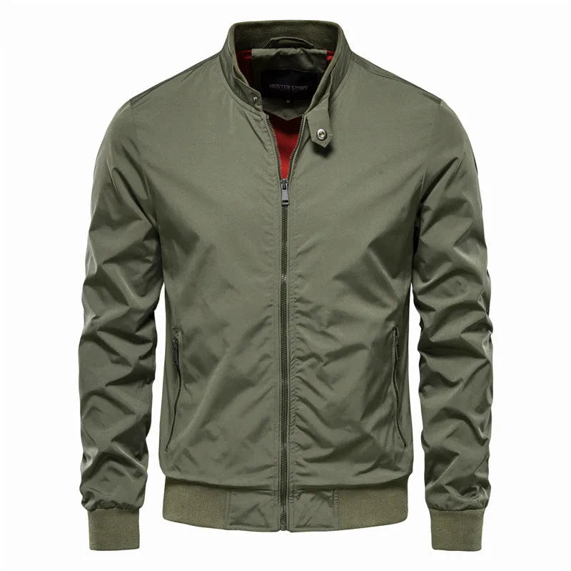 Men's casual thin polyester jacket in solid colour with continental sizing options
