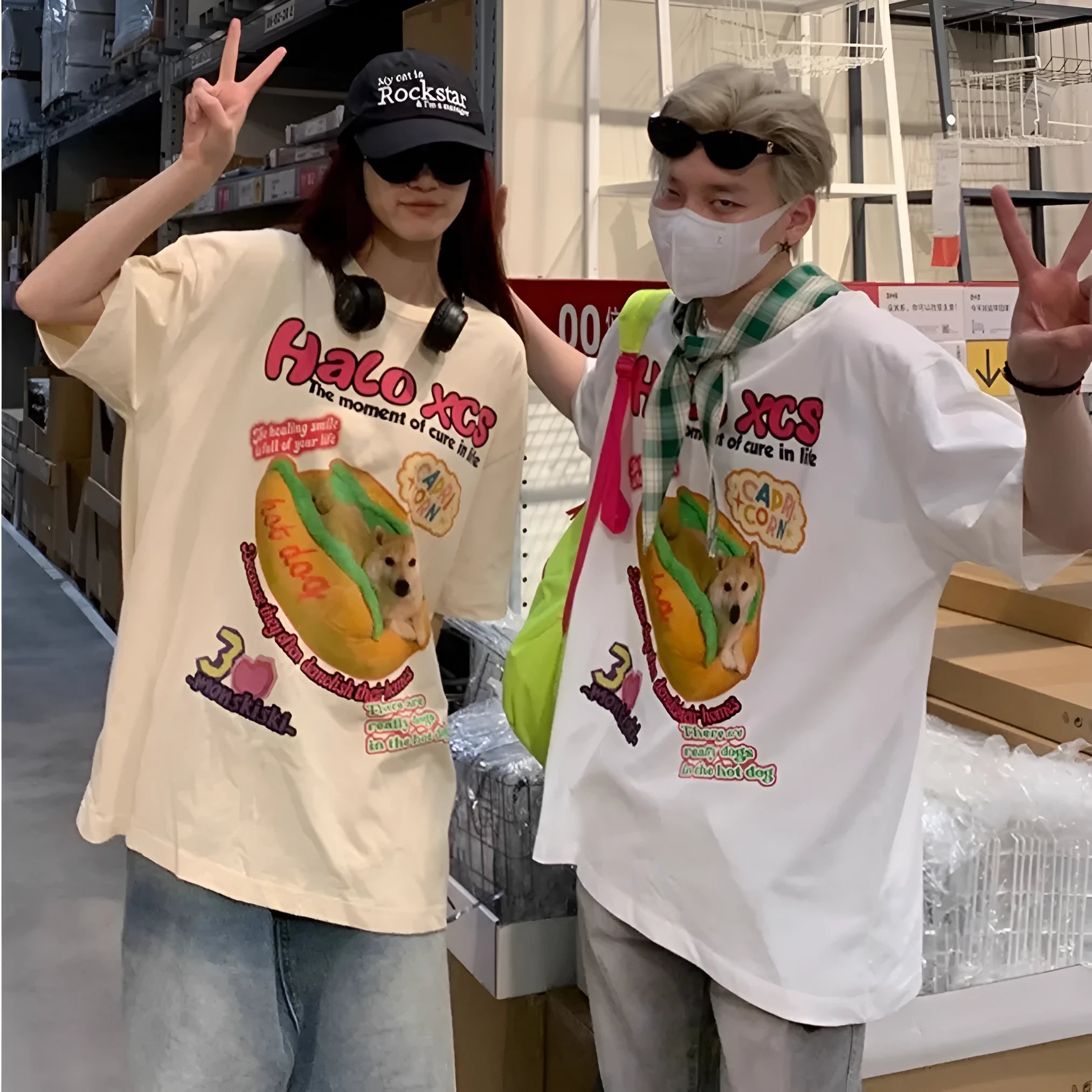 Cartoon hamburger dog printed short-sleeved t-shirt for couples in loose 100% cotton fit.