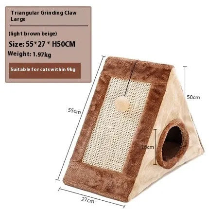 Triangular cat bed with fur covering in gray white or light brown beige colors featuring a scratching surface
