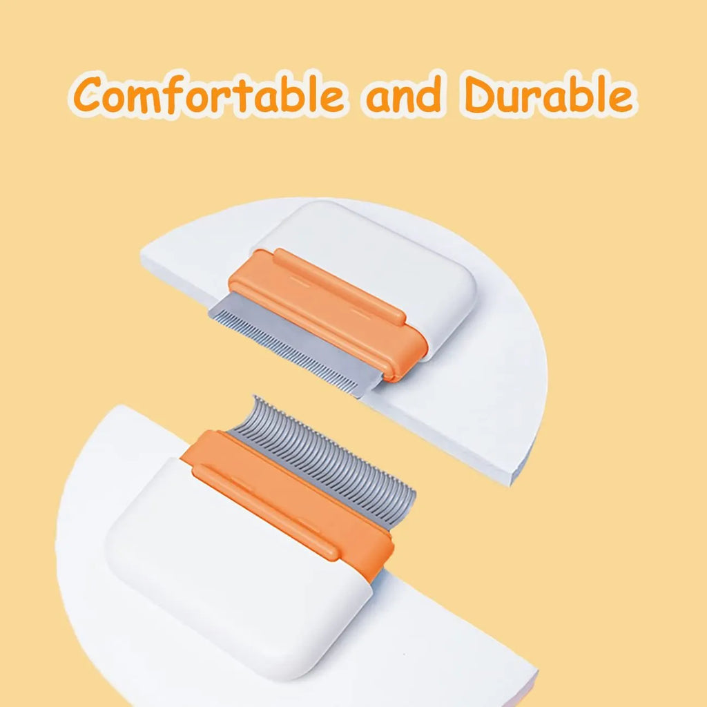 Blue double-sided pet grooming comb for deshedding and massage on cats and dogs.