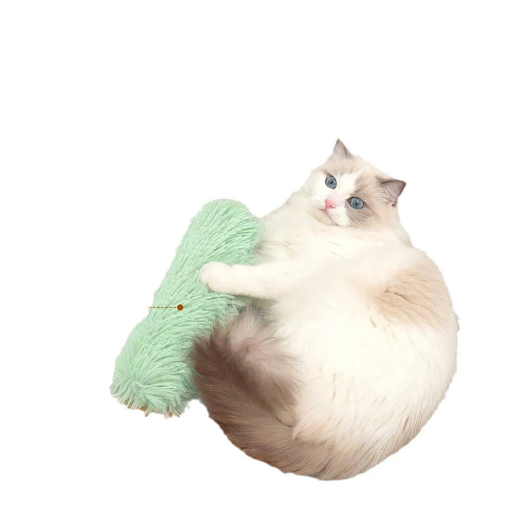 Soft plush cat toy pillow in blue, green, pink, or white, measuring 27cm by 10cm