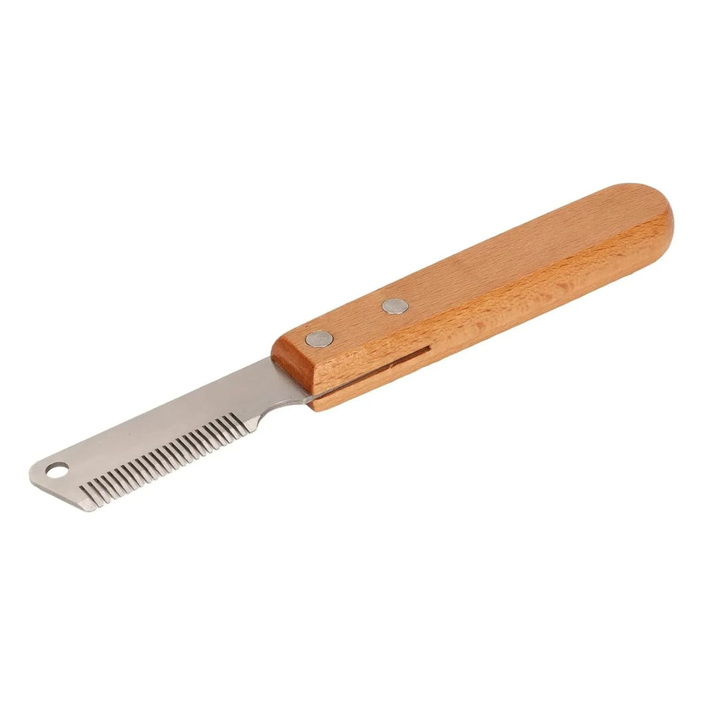 Dog stripping knife grooming tool with wood handle and metal fittings