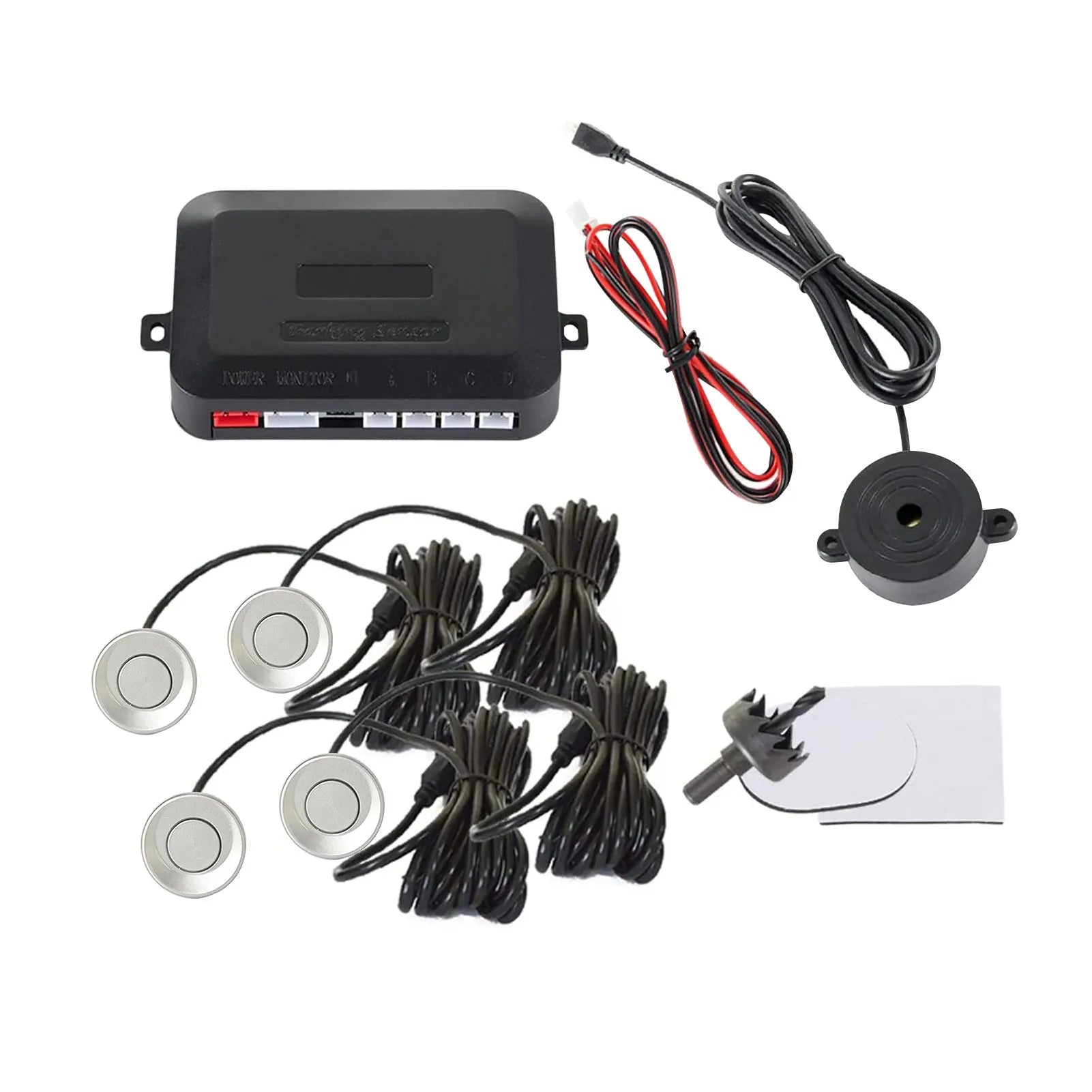 4-probe car reversing radar system with buzzer module, sensors, and installation tools