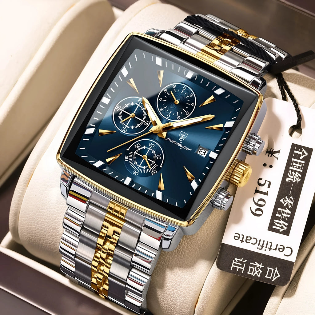 Square faced men's business watch with stainless steel strap in one of ten colour options.