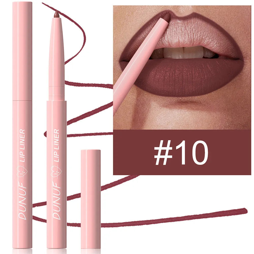 A Velvet Matte Lip Liner pencil shown alongside swatches of its twelve available colour shades.