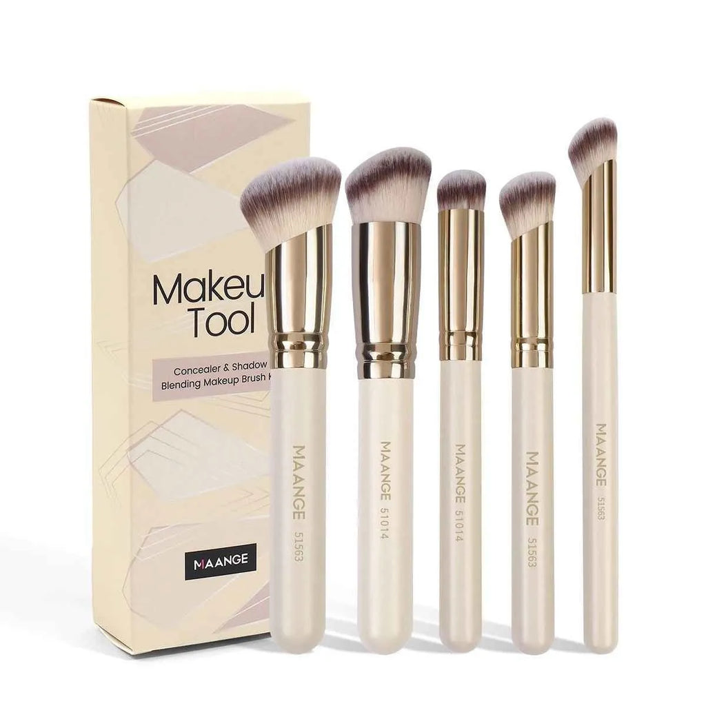 MAANGE apricot coloured five-piece angled blush and kabuki makeup brush set.