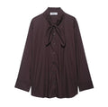 Brown women's poplin shirt with built-in scarf and bow tie detail, loose fit design