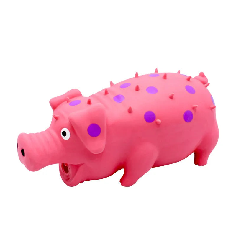 Blue latex pig-shaped dog chew toy with textured surface and squeaky function