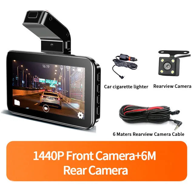 3-inch HD car DVR dashboard camera with dual lens recording system showing front and rear camera placement