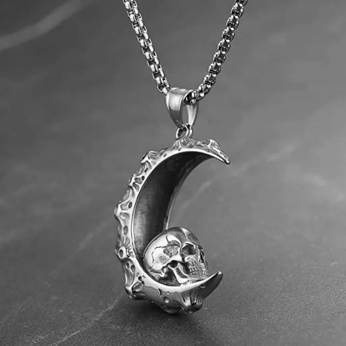 Men's silver skull pendant necklace on stainless steel chain with six design options