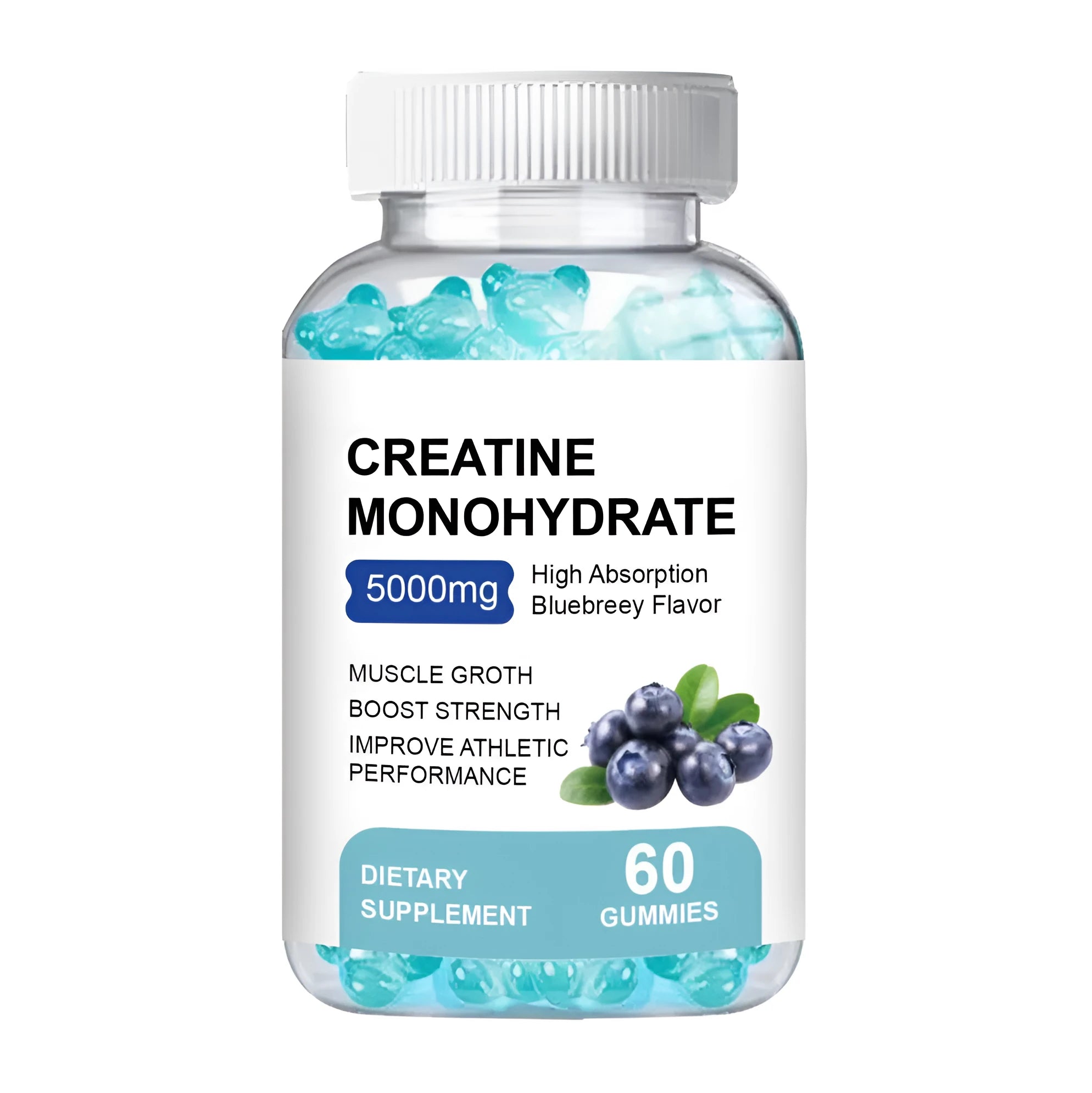 Container of creatine monohydrate supplement gummies, showing 60 chewable pieces.