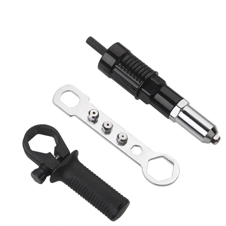 Black metal electric drill rivet gun attachment, 173mm long, with handle and four rivet heads.