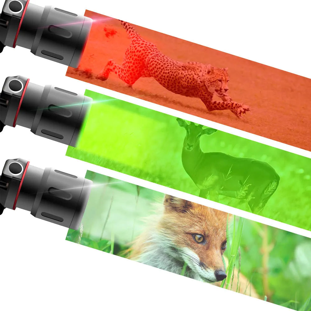 T6 LED headlamp showing white red green light modes with zoomable lens and USB charger