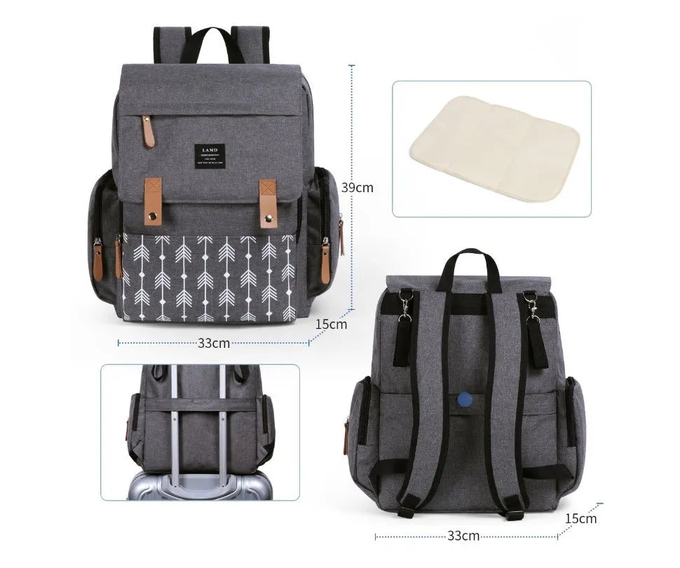LAND Mommy large Oxford cloth diaper backpack with changing mat in grey colour