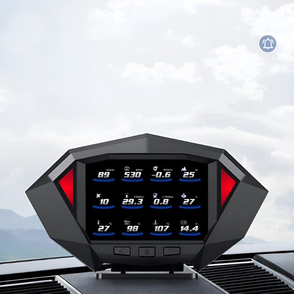 Black P1 model vehicle head-up display unit with LCD screen, measuring 147mm wide.