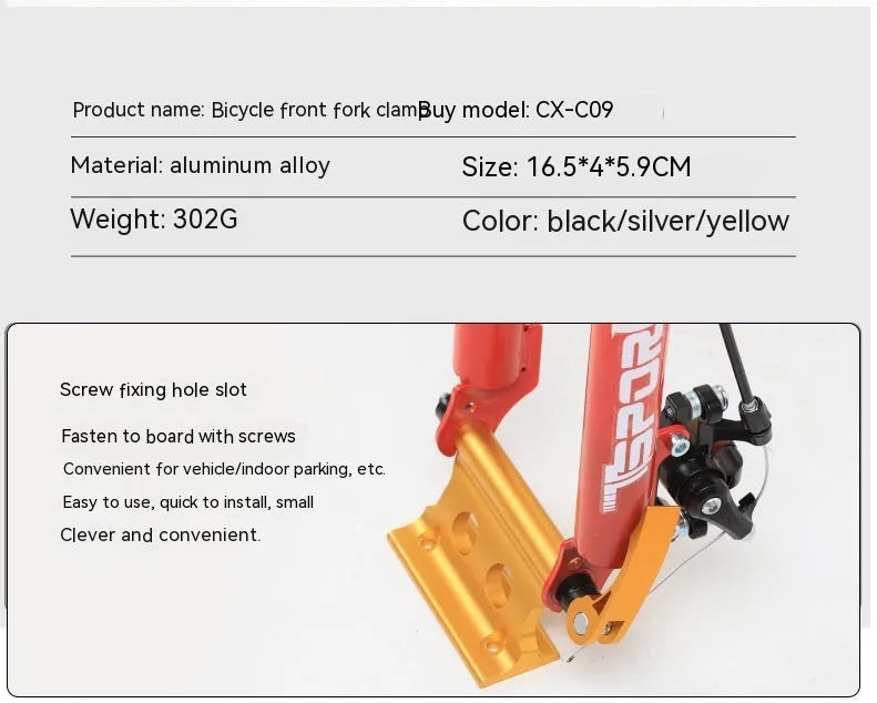 Silver metal quick release bicycle clamp for front fork accessory mounting.