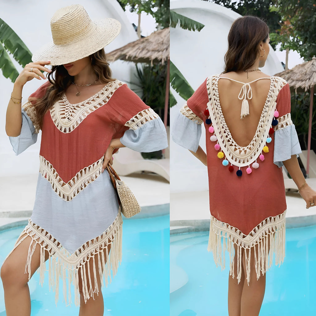 Orange floral beach overskirt with hand crochet detail and tassels, free size design