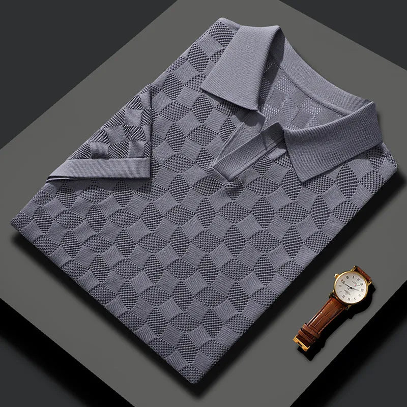 Men's mulberry silk lapel collar sweater in business casual style with jacquard craft detailing
