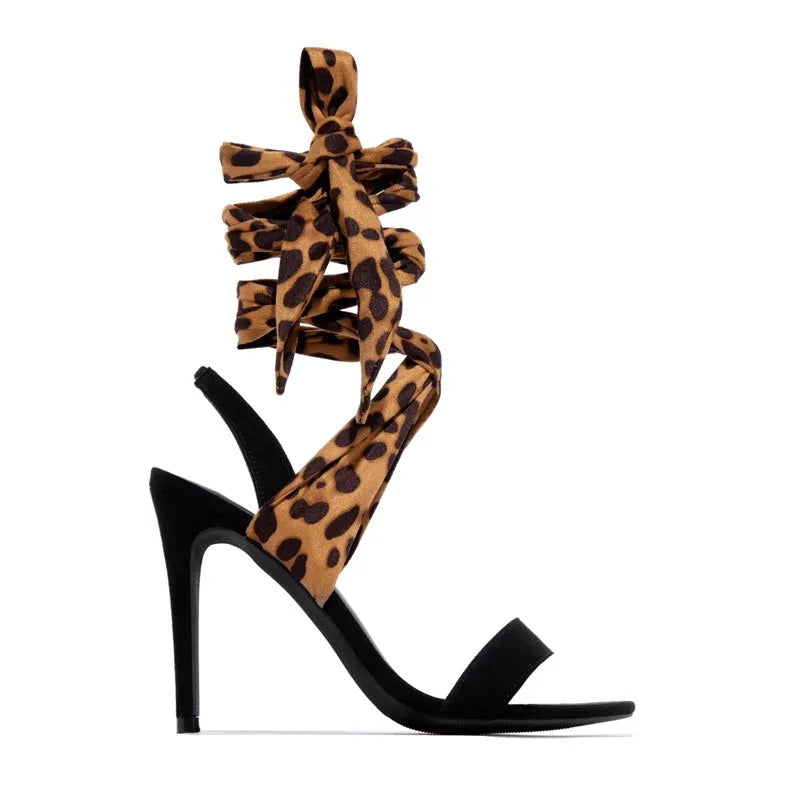 Light brown leopard print Roman-style women's high heels with cross straps and thin 8cm heel