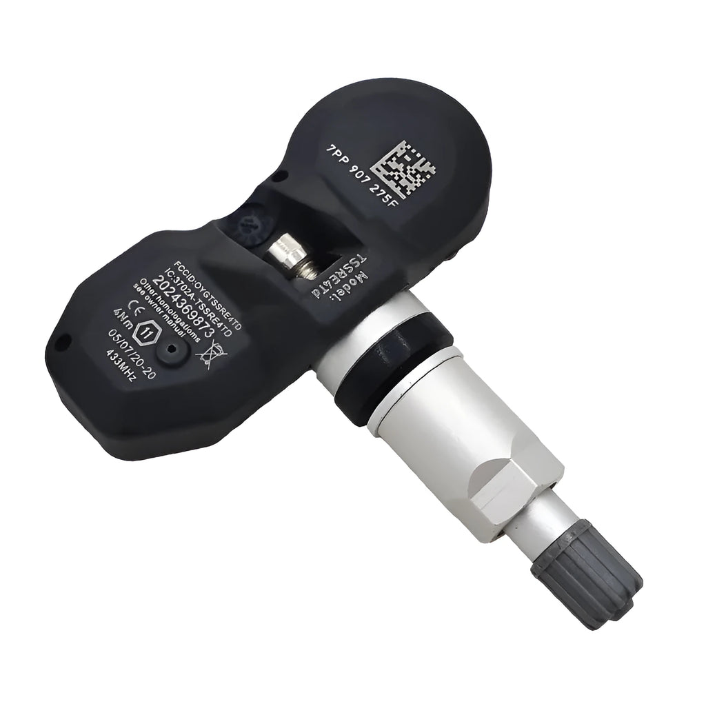 Black car tyre pressure monitor unit for Audi vehicles on white background