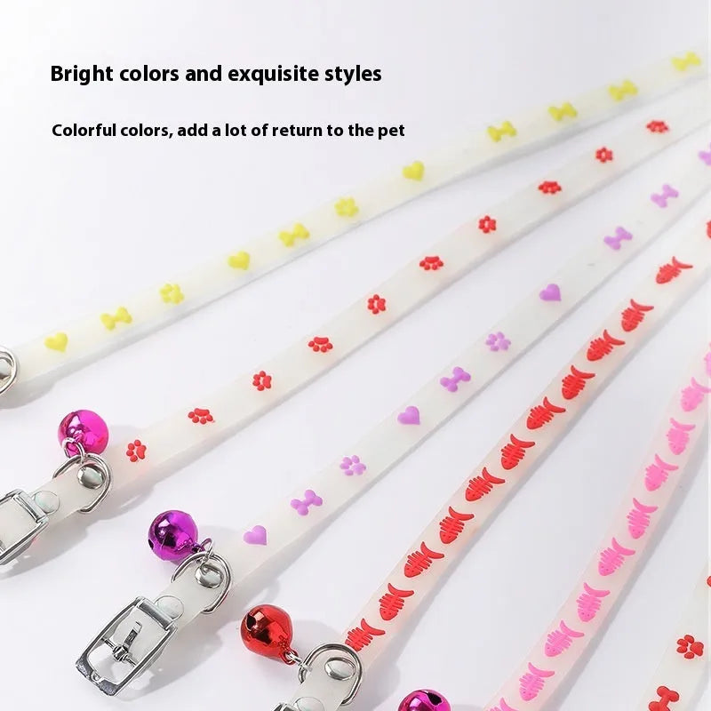 Luminous adjustable cat collar with silicone chain and metal bell in various decorative styles