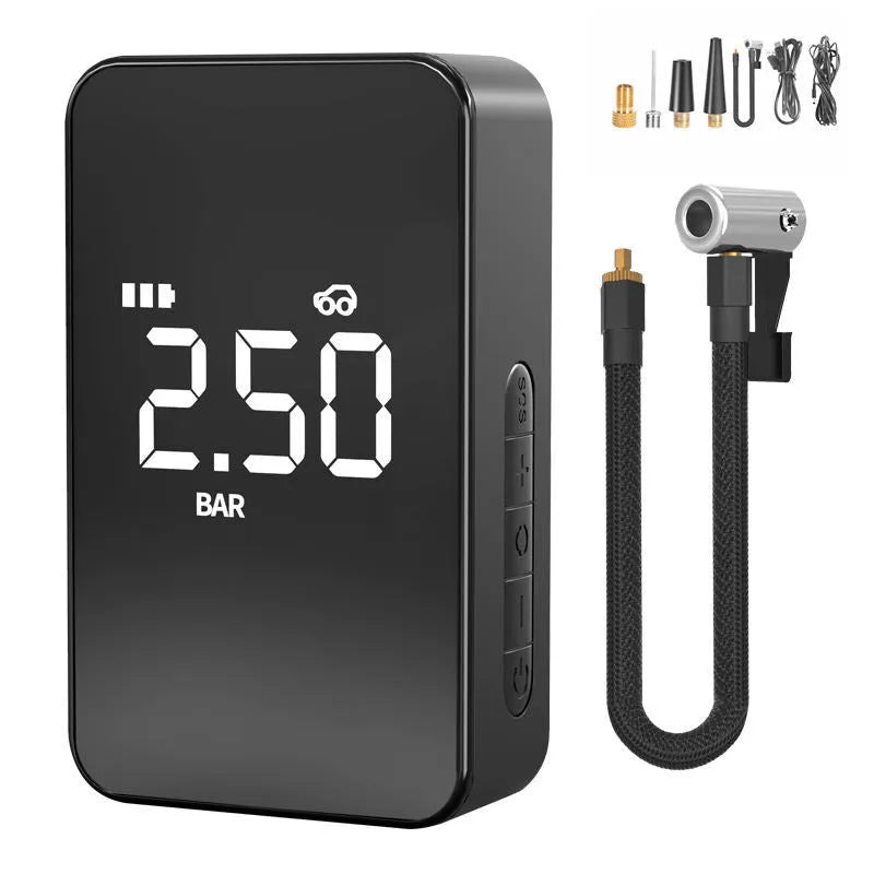 Compact wireless digital tyre inflator with LCD display and multiple air nozzles