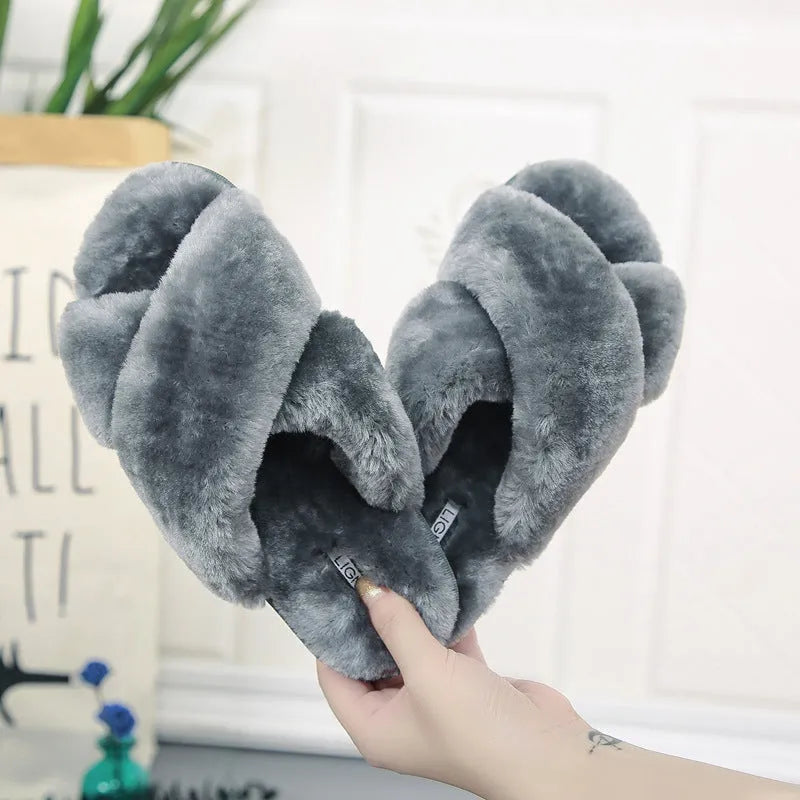 Women's cross open-toe fur slippers in multiple colours on a non-slip patterned sole.
