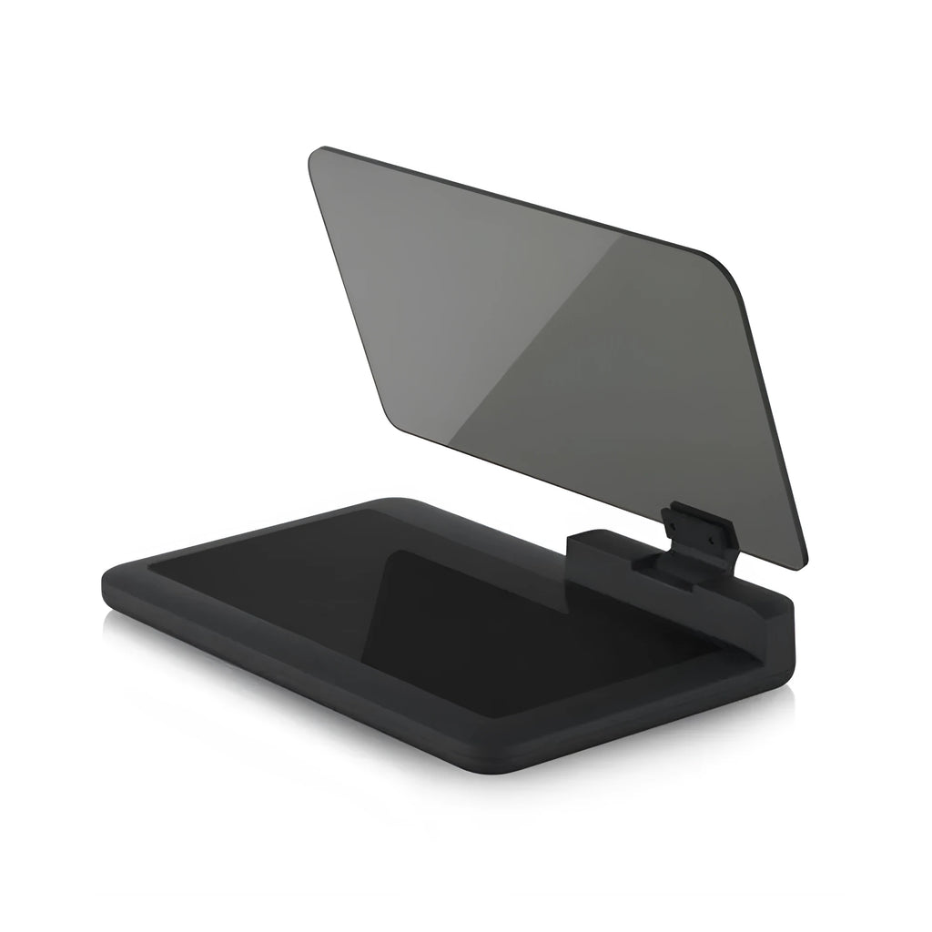 Gray car smartphone holder with transparent panel for navigation projection, measuring 15x9.5cm