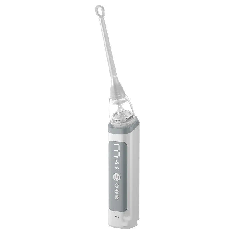 Milky white tonsil stone remover oral cleaning tool with built-in light on a white background.