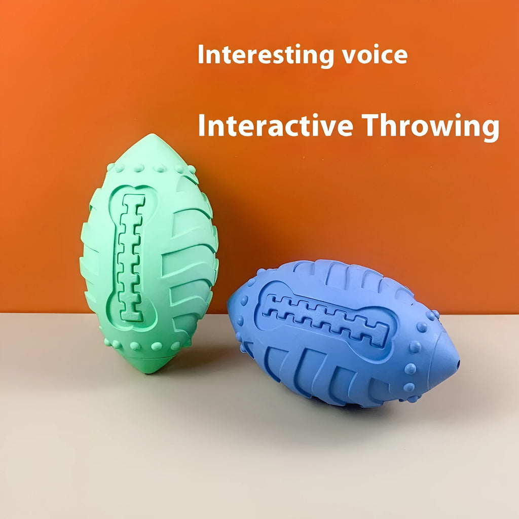 Thick rubber rugby ball dog toy in light green or sapphire blue with vocal sound feature