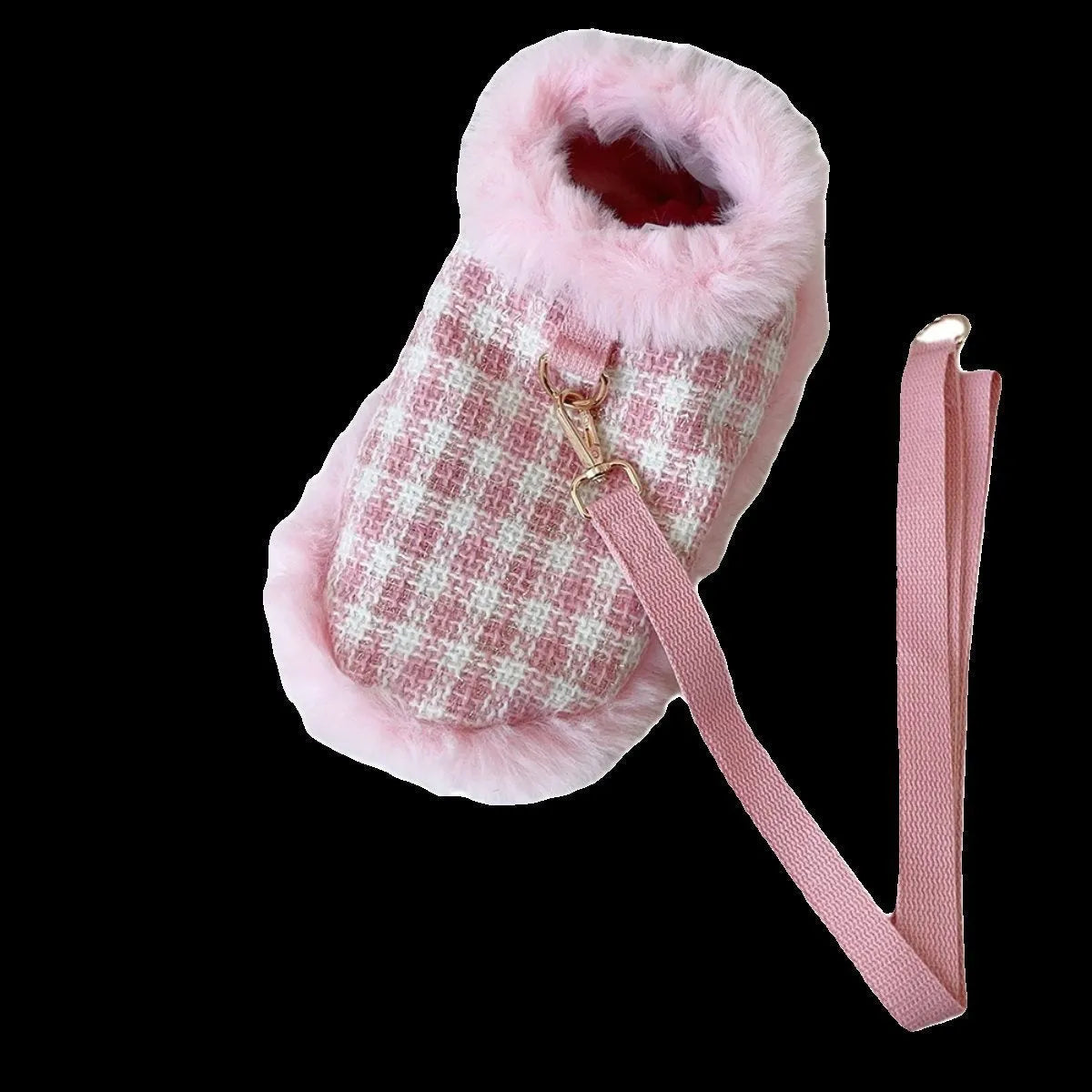 Pink polyester cat costume with beret, cloak featuring hand-holding rope design, and a drawstring for traction.