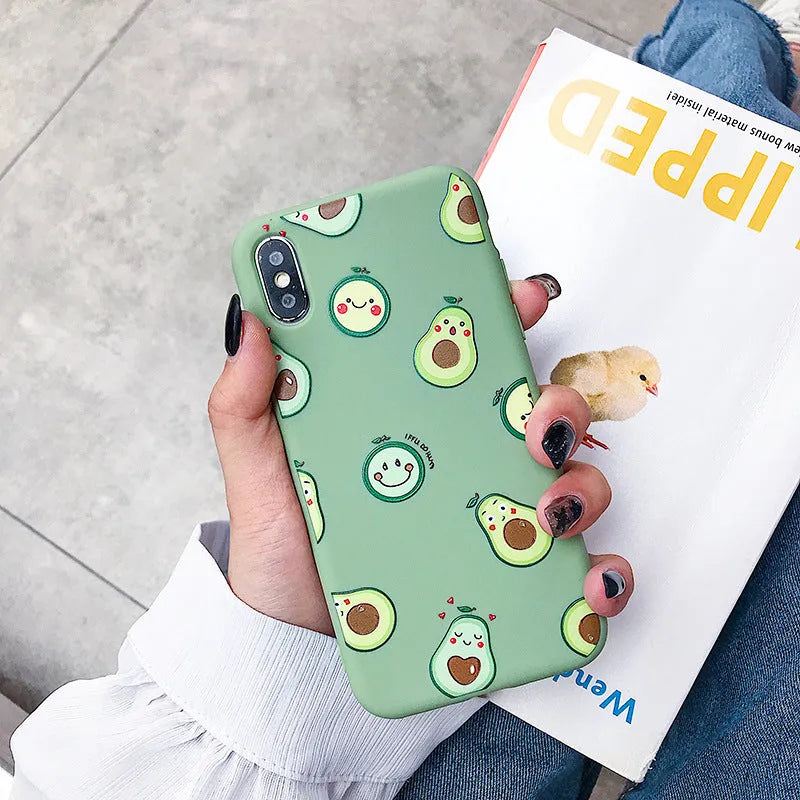 Avocado cartoon design on a green TPU phone case for iPhone.