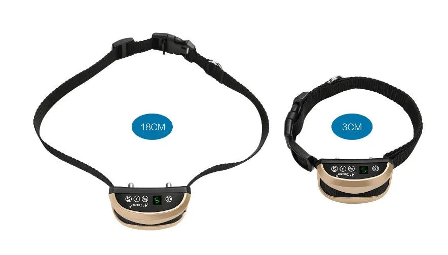 Electronic dog training bark collar with digital display and adjustable reflective nylon strap.