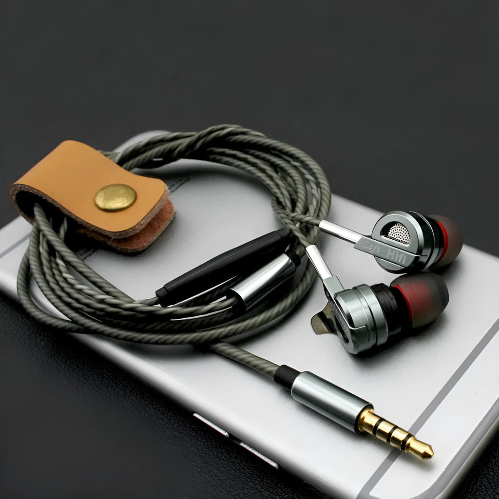 Black and silver metal HIFI in-ear headphones with inline microphone and control on cable.