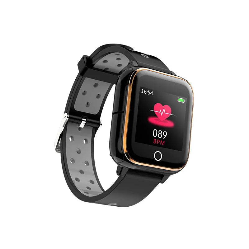 Black smartwatch with integrated Bluetooth earbuds charging in wristband cabinet