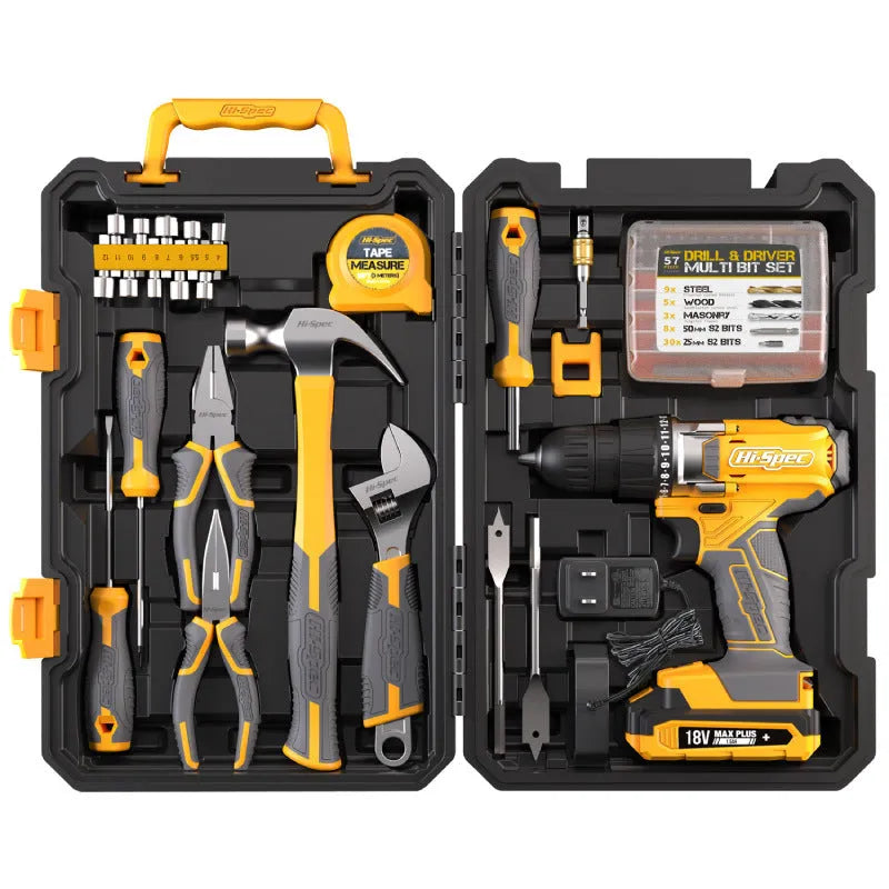 Grey yellow storage case containing an 82-piece chrome-vanadium steel tool set for furniture installation