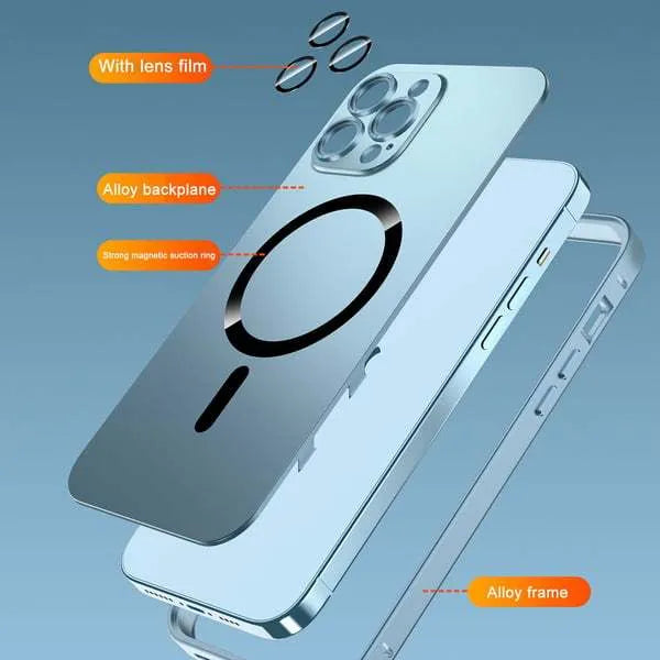 Aluminium alloy frame protective phone case for iPhone in dark purple, blue, silver, black, and gold colours.