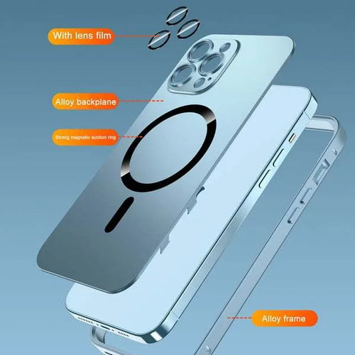 Aluminium alloy frame protective phone case for iPhone in dark purple, blue, silver, black, and gold colours.