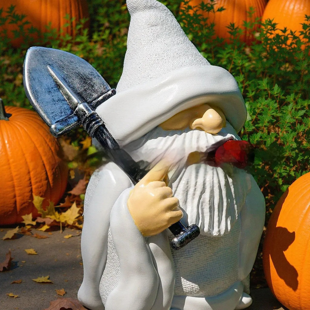 Christmas resin craft ornament showing smoking shovel dwarf figurine for garden-themed festive decoration