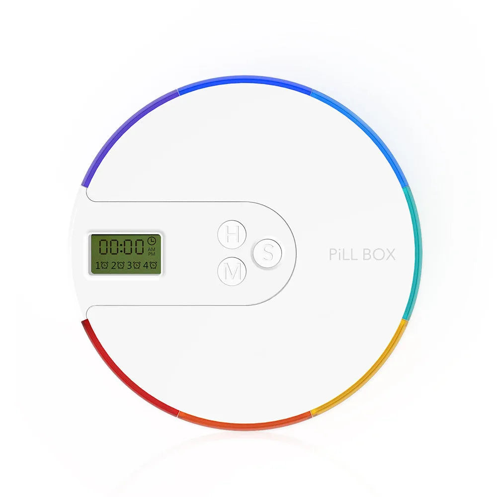 7-compartment alarm clock pill dispenser in multiple colours showing timer display and storage sections.