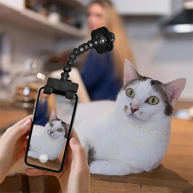 Black plastic pet selfie stick with treat clip extended to 15cm for mobile phone photography